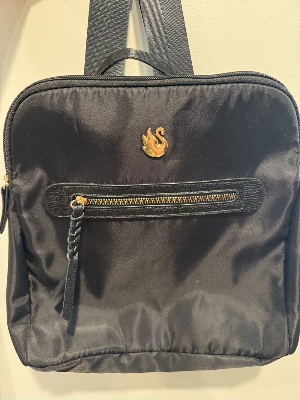 Swarovski Black Nylon Mini Backpack Gold Swan Logo Braided Zipper Pull NWOT